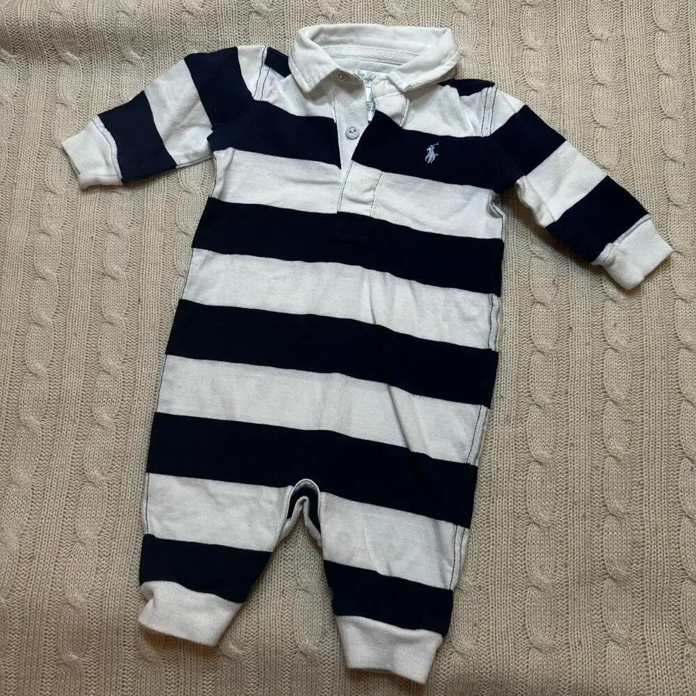 Ralph Lauren Baby Boy Striped Rugby Cotton Coverall sz 3m